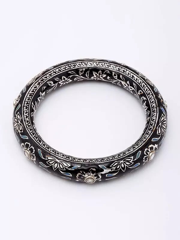 Exotic India Enamelled Flower Vines Design Sterling Silver Bangle 