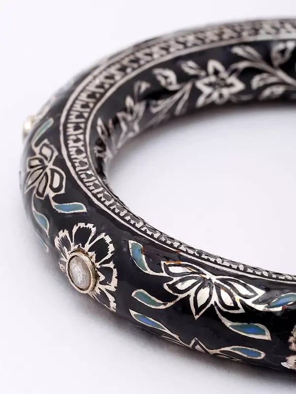 Exotic India Enamelled Flower Vines Design Sterling Silver Bangle 