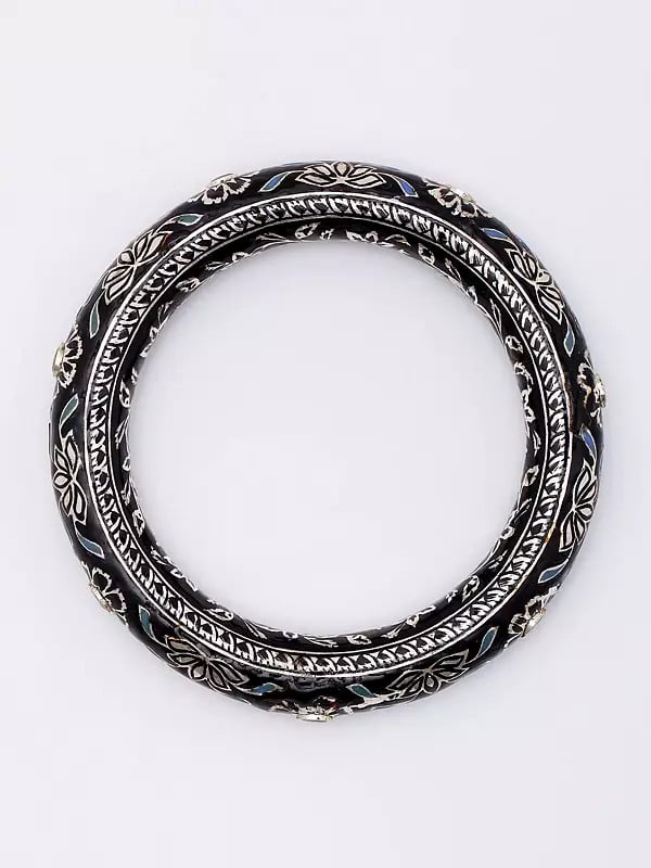 Exotic India Enamelled Flower Vines Design Sterling Silver Bangle 