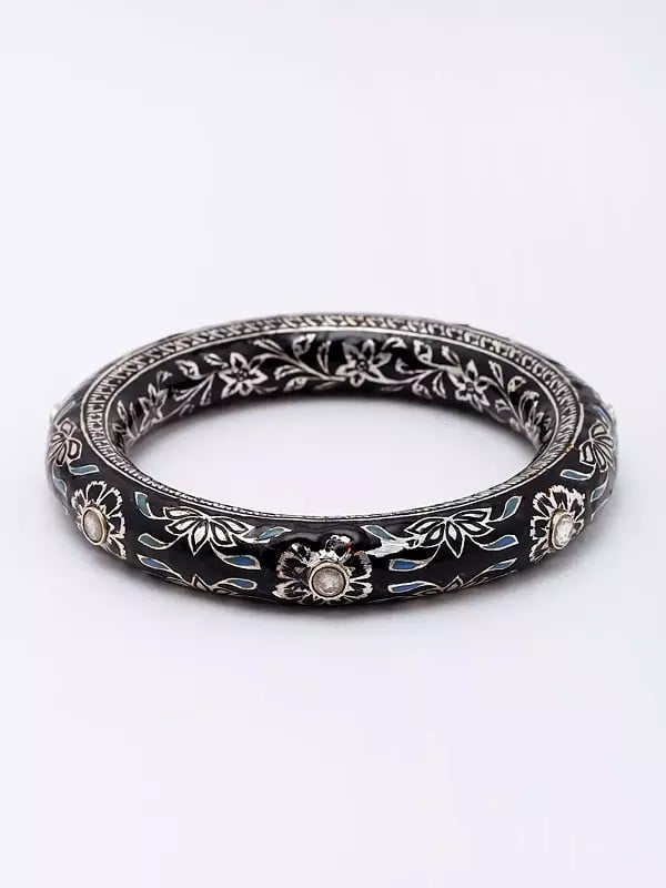 exotic india Enamelled Flower Vines Design Sterling Silver Bangle 