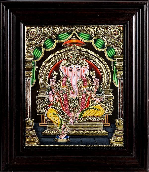 exotic india Enthroned Ganesha Framed Tanjore Painting 