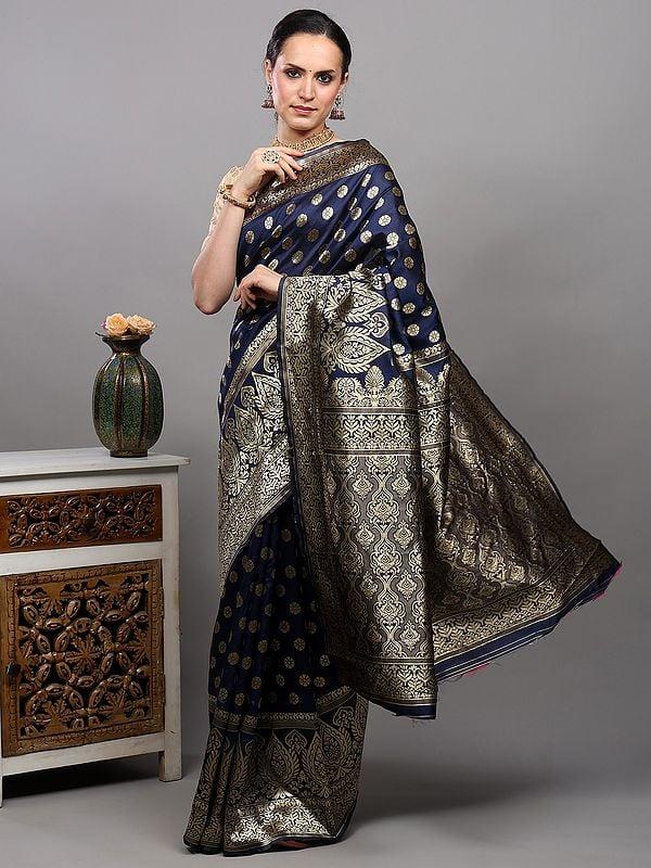 Exotic India Estate-Blue Art Silk Banarasi Saree With Zari Brocaded Bootis And Floral Border 