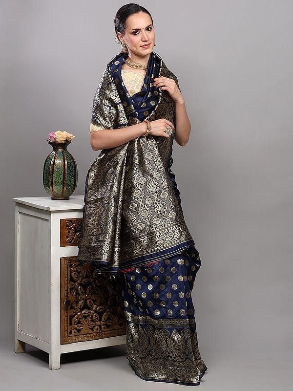 Exotic India Estate-Blue Art Silk Banarasi Saree With Zari Brocaded Bootis And Floral Border 