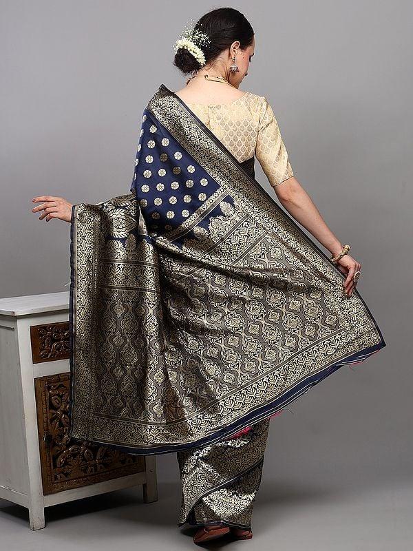 Exotic India Estate-Blue Art Silk Banarasi Saree With Zari Brocaded Bootis And Floral Border 