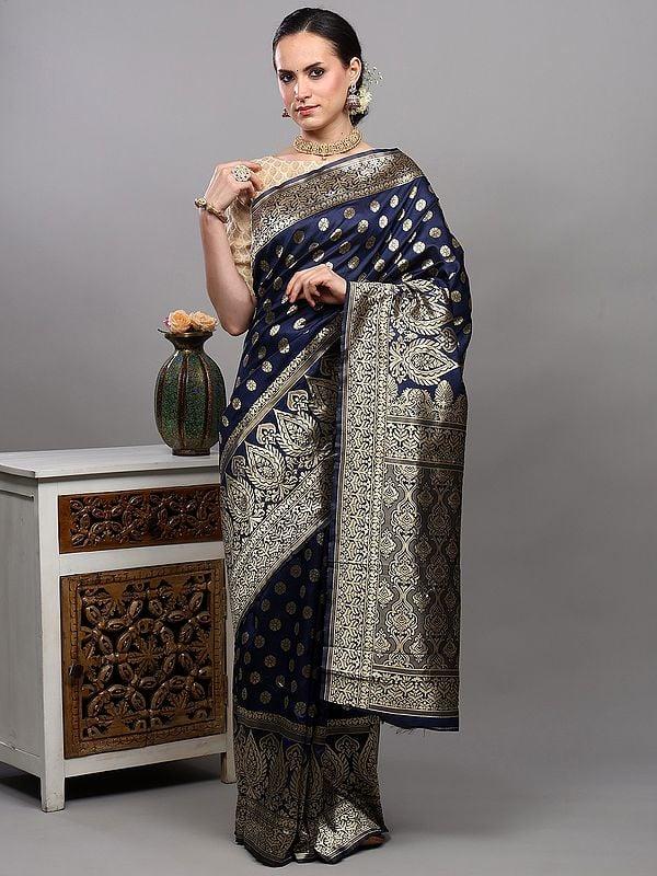 exotic india Estate-Blue Art Silk Banarasi Saree with Zari Brocaded Bootis and Floral Border 