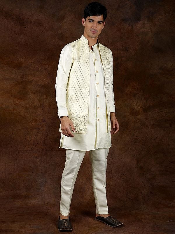 Exotic India Ethereal-Green Three Piece Kurta Pajama Set With Front Open Jacket And Embroidered Sequins 