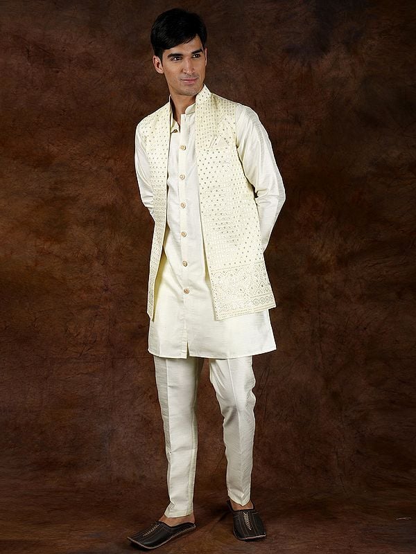 Exotic India Ethereal-Green Three Piece Kurta Pajama Set With Front Open Jacket And Embroidered Sequins 