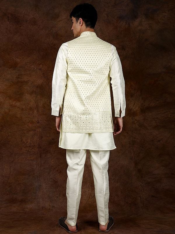 Exotic India Ethereal-Green Three Piece Kurta Pajama Set With Front Open Jacket And Embroidered Sequins 