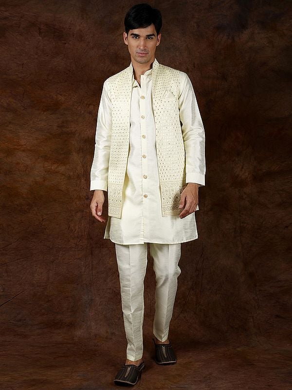 exotic india Ethereal-Green Three Piece Kurta Pajama Set with Front Open Jacket and Embroidered Sequins 