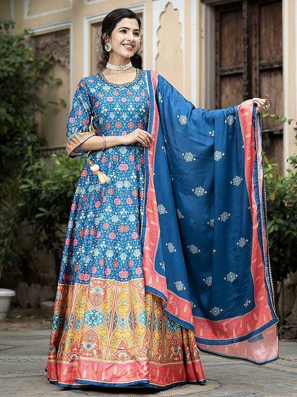 Exotic India Ethnic Motifs Digital Print Flared Soft Dola Silk Wedding Wear Anarkali Gown With Chinon Dupatta