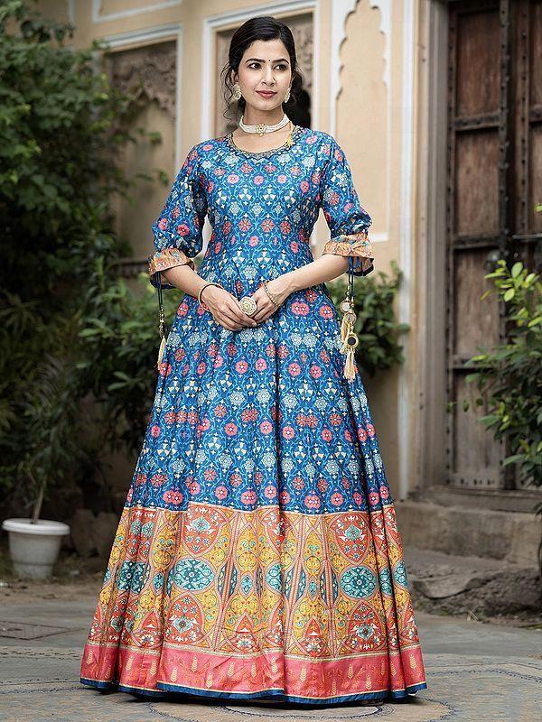 Exotic India Ethnic Motifs Digital Print Flared Soft Dola Silk Wedding Wear Anarkali Gown With Chinon Dupatta