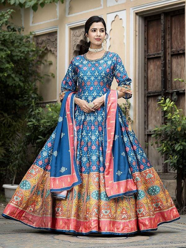 Exotic India Ethnic Motifs Digital Print Flared Soft Dola Silk Wedding Wear Anarkali Gown With Chinon Dupatta