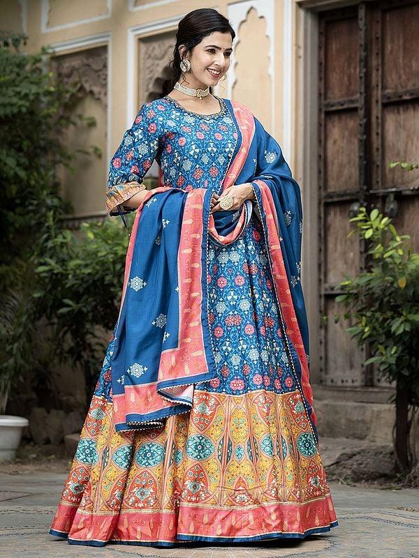 exotic india Ethnic Motifs Digital Print Flared Soft Dola Silk Wedding Wear Anarkali Gown With Chinon Dupatta
