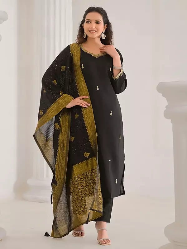 Exotic India Ethnic Motifs Thread Embroidery Work Festive Wear Viscose Chanderi Kurta Set With Matching Tassels Dupatta