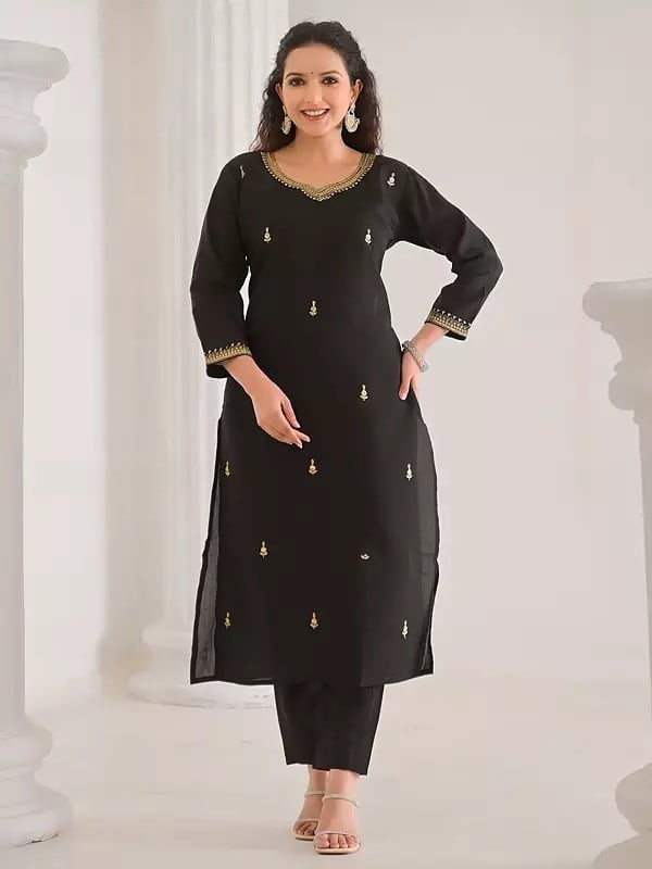 Exotic India Ethnic Motifs Thread Embroidery Work Festive Wear Viscose Chanderi Kurta Set With Matching Tassels Dupatta