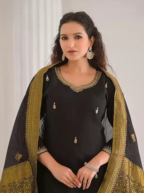 Exotic India Ethnic Motifs Thread Embroidery Work Festive Wear Viscose Chanderi Kurta Set With Matching Tassels Dupatta