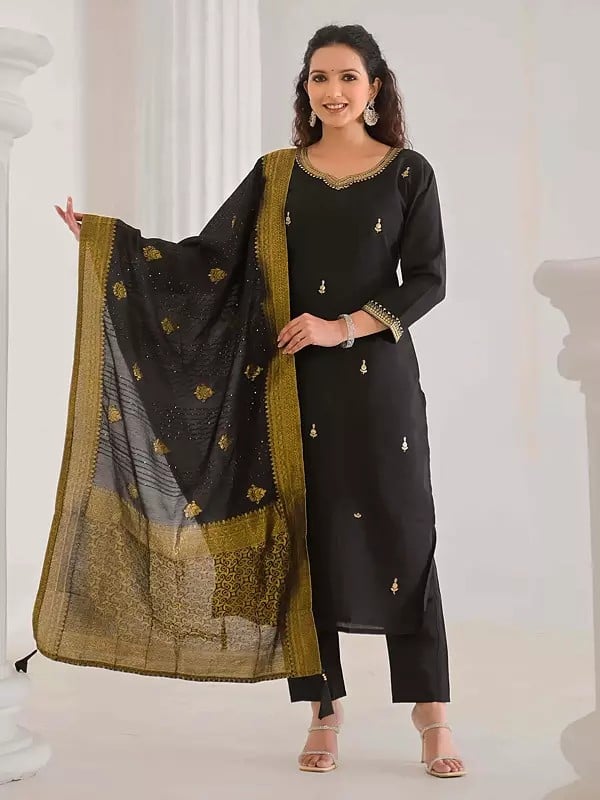 exotic india Ethnic Motifs Thread Embroidery Work Festive Wear Viscose Chanderi Kurta Set With Matching Tassels Dupatta