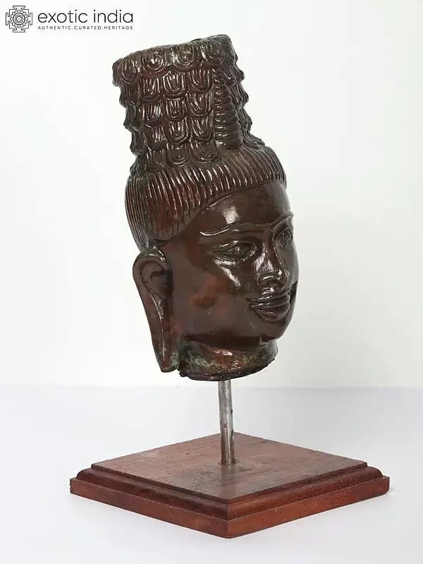 Exotic India 11" Buddha Head Statue On Wooden Stand 