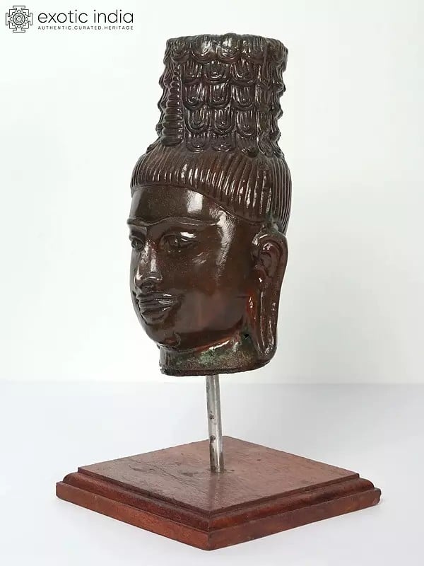 Exotic India 11" Buddha Head Statue On Wooden Stand 
