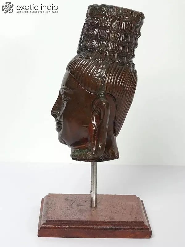 Exotic India 11" Buddha Head Statue On Wooden Stand 