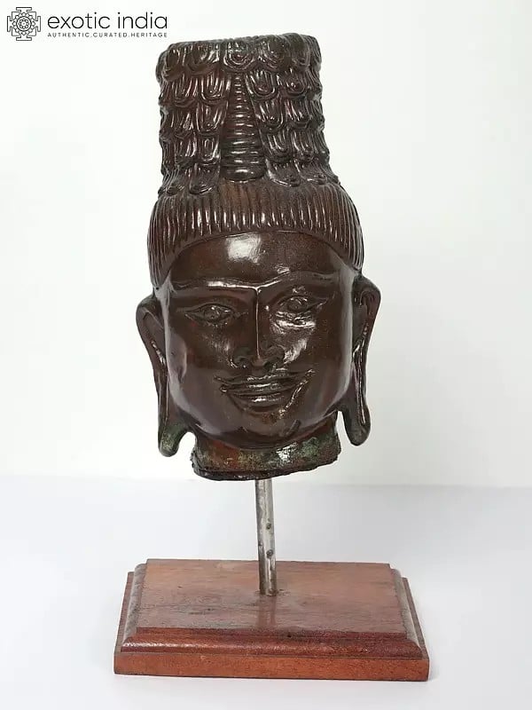 exotic india 11" Buddha Head Statue On Wooden Stand 