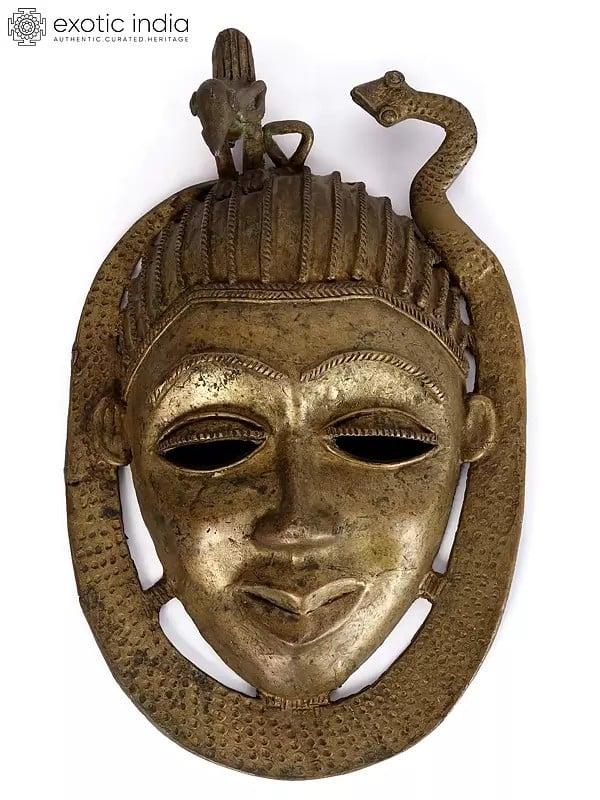 exotic india 11" Tribal Tantrik Mask in Bronze 