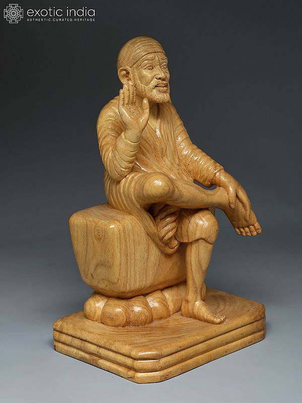 Exotic India 12" Blessing Sai Baba | Wood Carving 