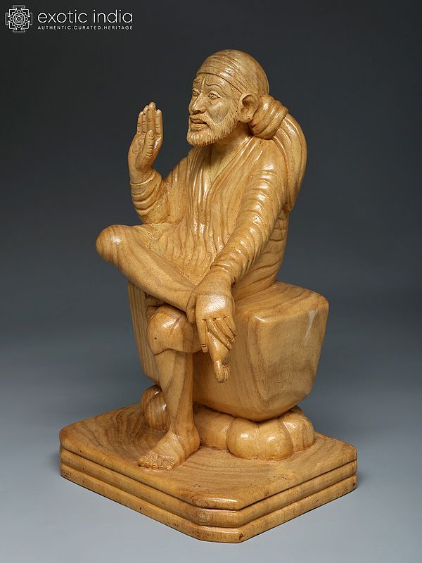 Exotic India 12" Blessing Sai Baba | Wood Carving 