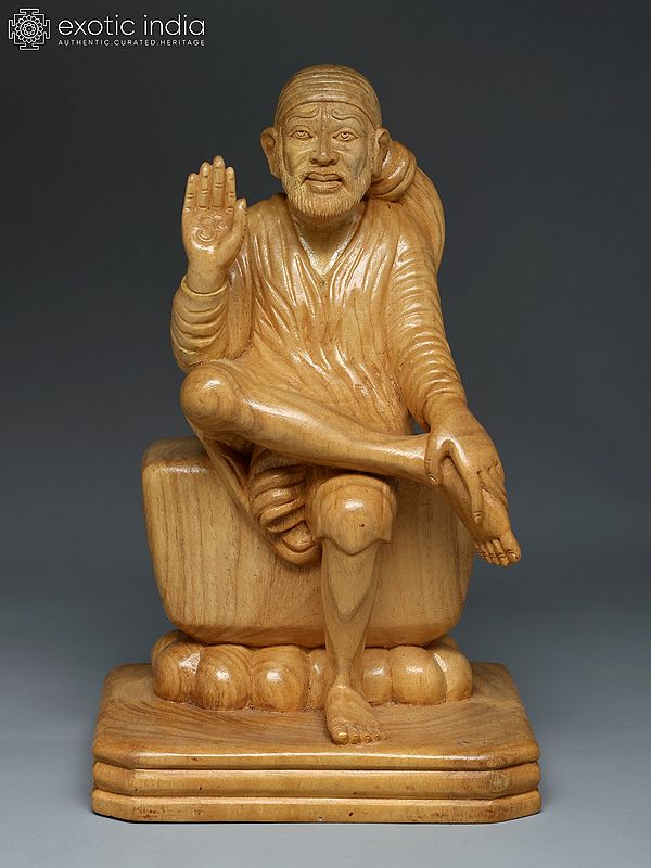 exotic india 12" Blessing Sai Baba | Wood Carving 