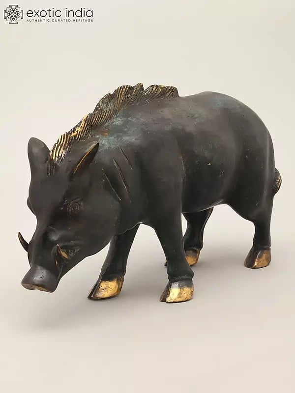 Exotic India 12" Wild Boar Brass Statue | Table Piece 