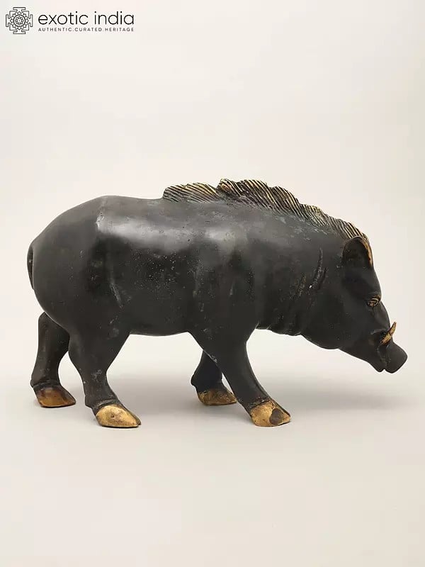 Exotic India 12" Wild Boar Brass Statue | Table Piece 