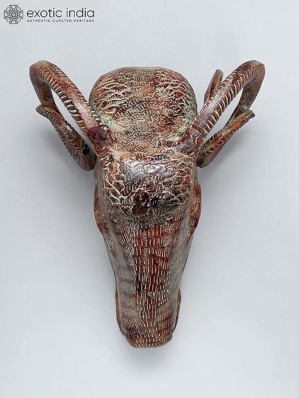 Exotic India 15" Sheep Head In Brass | Wall Hanging 