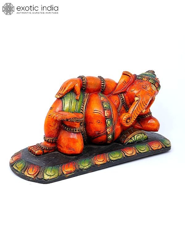Exotic India 19" Relaxing Lord Ganesha | Wood Carving 