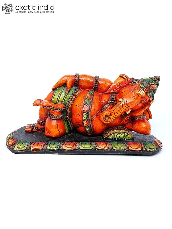 exotic india 19" Relaxing Lord Ganesha | Wood Carving 
