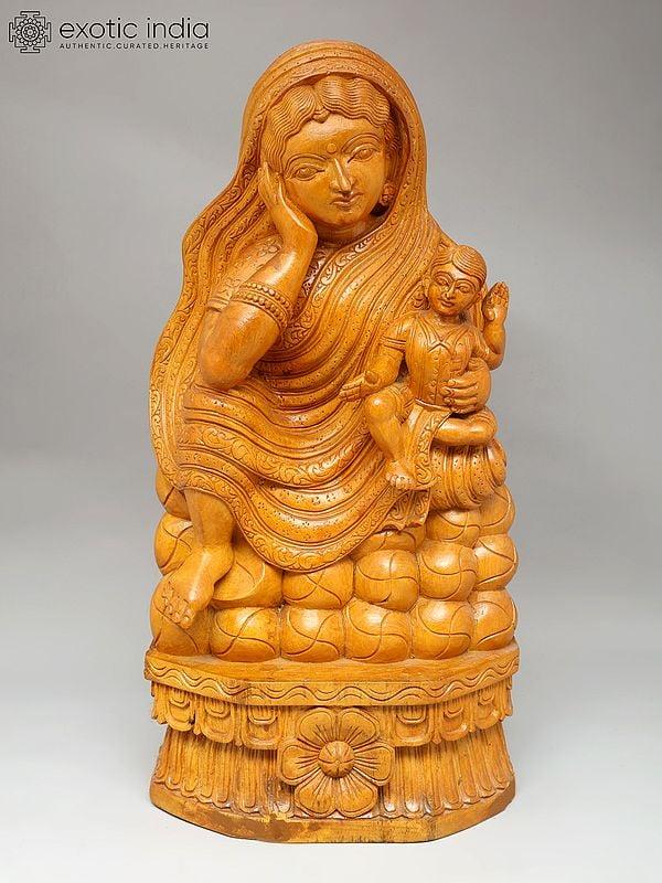exotic india 24" Mother with Child | Wood Carving 