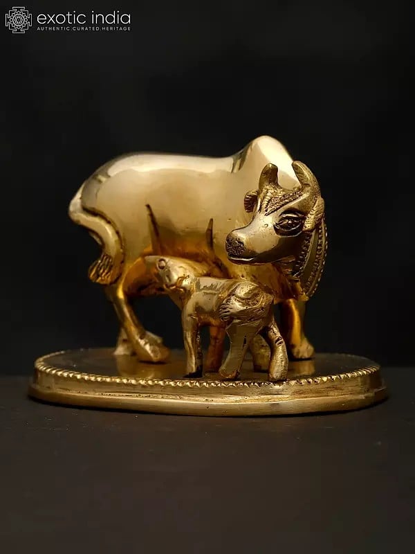 Exotic India 3" Small Cow And Calf | Brass Statue 