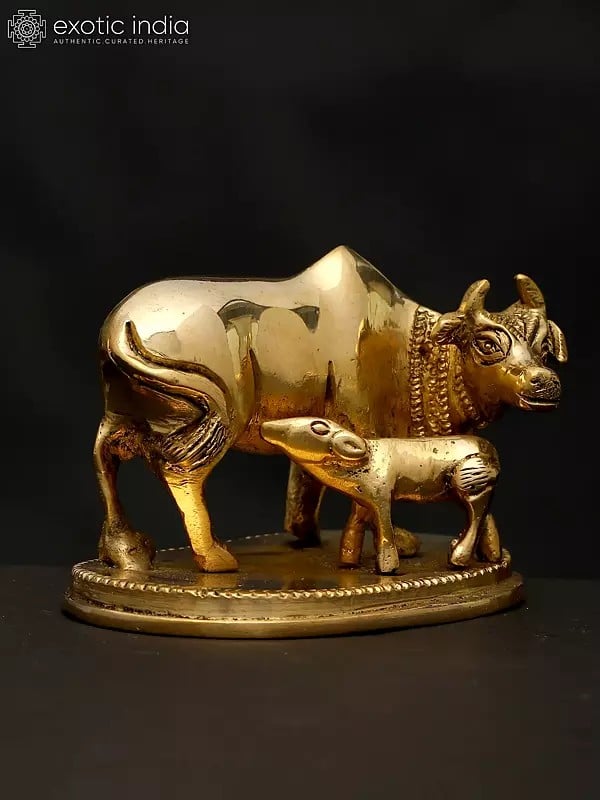 Exotic India 3" Small Cow And Calf | Brass Statue 
