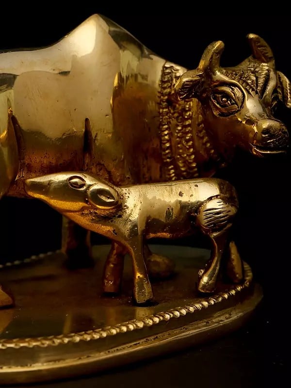 Exotic India 3" Small Cow And Calf | Brass Statue 
