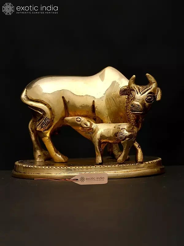 exotic india 3" Small Cow and Calf | Brass Statue 