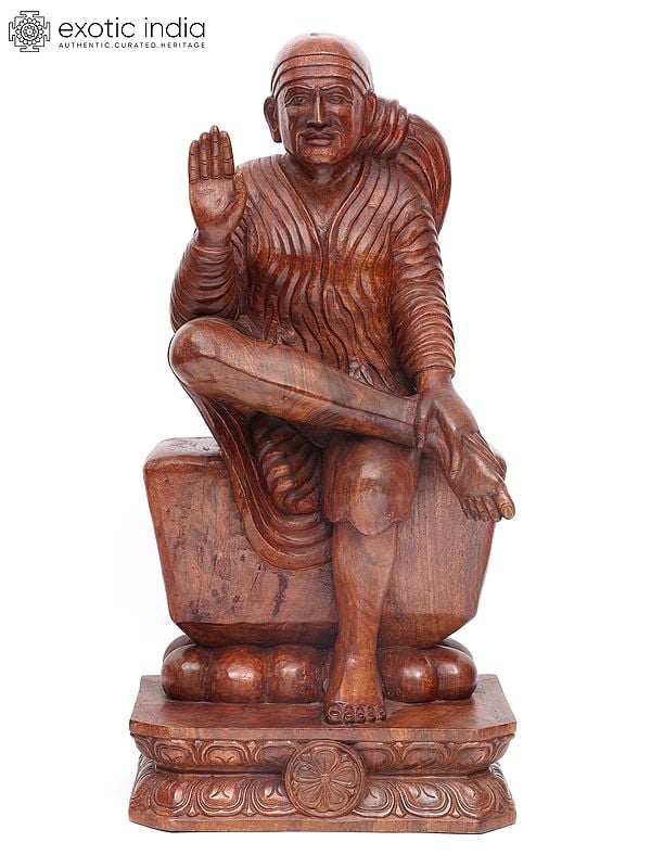 exotic india 36" Blessing Sai Baba | Wood Carving 