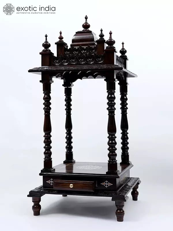 Exotic India 44" Designer Wooden Temple With Drawer