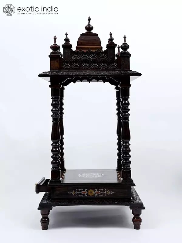 Exotic India 44" Designer Wooden Temple With Drawer
