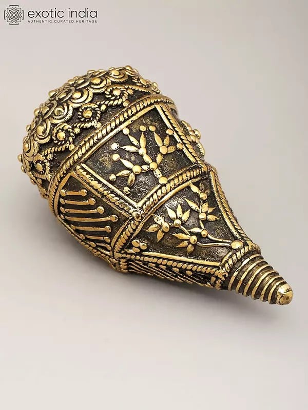 Exotic India 5" Brass Conch (Shankh) | Dhokra Art 