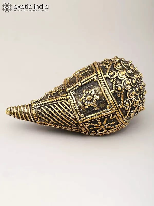 Exotic India 5" Brass Conch (Shankh) | Dhokra Art 