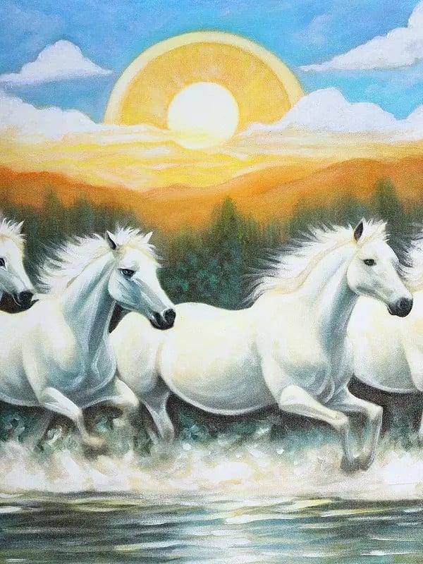 Exotic India 52" Seven Running Horses | Oil Painting 
