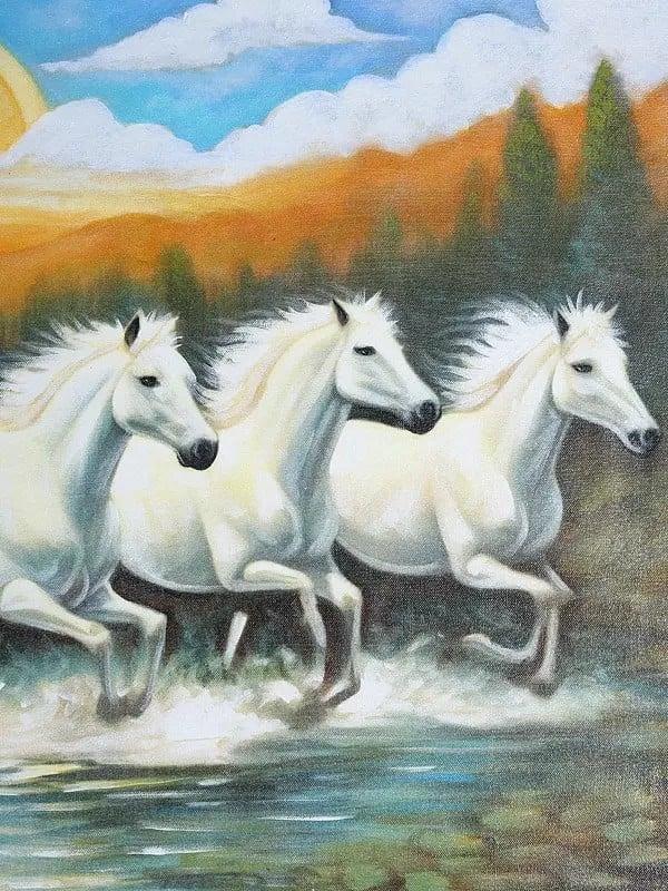 Exotic India 52" Seven Running Horses | Oil Painting 
