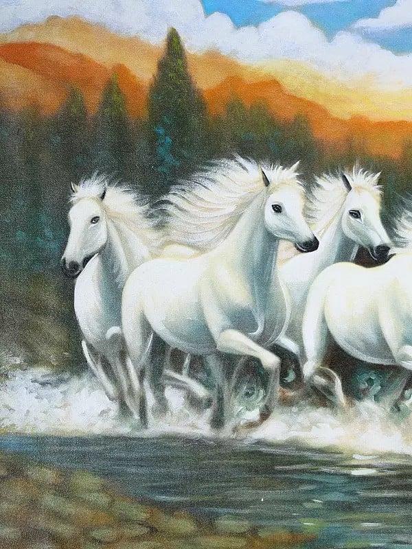 Exotic India 52" Seven Running Horses | Oil Painting 