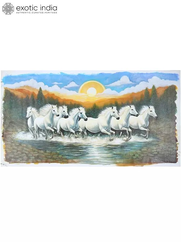 exotic india 52" Seven Running Horses | Oil Painting 