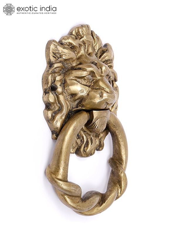 Exotic India 6" Lion Face Door Knocker In Brass 