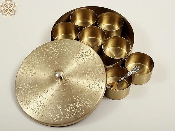 Exotic India 7" Brass Masala Box | Handmade Spice Box 